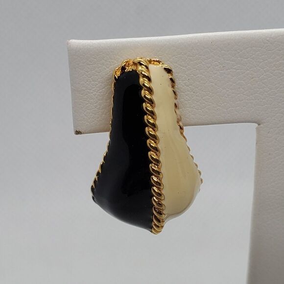 Vintage Black, Cream, & Gold Clip-On Earrings - Picture 2 of 5